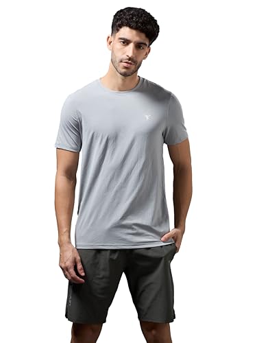 Image of TECHNOSPORT Men's Slim Fit Solid Crew Neck T-Shirt, Cotflex Quick Dry Wrinkle Resistant Polyester Sports Tee for Gym, Running, Training, Sports