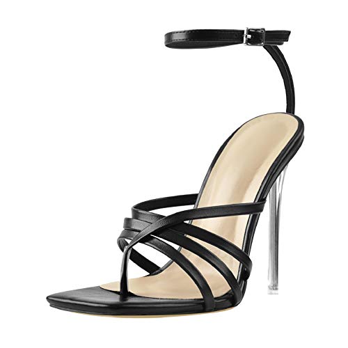 Richealnana Clear Heels Square Toe Sandals Stiletto Cross Braid Concise Style Slingback Sandals Black Size10