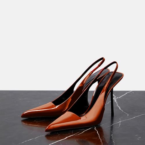 Image of THESHY Women's Pointed Toe High Stiletto Heels Slingback Stretch Slip-on Pumps Backless Patent Leather Fashion Dress Shoes for Women