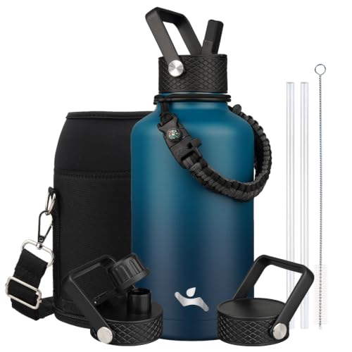 Image of Konokyo Half Gallon Insulated Water Bottle with Straw,64 oz 3 Lids Water Jug with Carrying Bag,Paracord Handle,Double Wall Vacuum Stainless Steel Metal Flask,Indigo Black