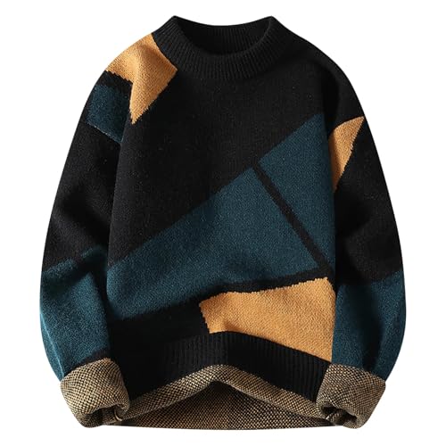 Cambkatl Geometric Color Block Sweater for Men Crewneck Pullover Loose Long Sleeve Cozy Fall Winter Knitted Jumper Tops