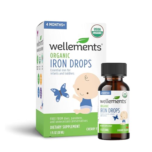 Image of Wellements Organic Iron Drops for Babies | Essential Liquid Iron Supplement for Infants & Toddlers, USDA Certified Organic, Cherry Flavor | 4 Months+, 1 Fl Oz