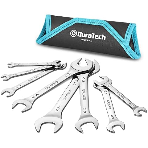 DURATECH Double Open End Spanner Set Super-Thin Open Ended Wrench Flat Spanner Set for Narrow Space, Carbon Steel, Mirror-Chrome Plated, 8-Piece, Metric, 5.5 mm-27 mm, with Carry Pouch Cover