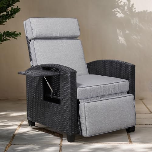 Rattan Park Sillón de Relax de Mimbre con Respaldo Ajustable, con Mesa Plegable y cojín, para jardín, terraza, Exterior