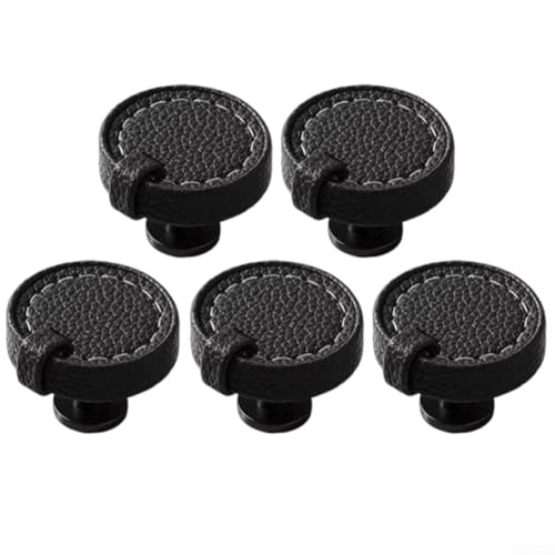 Besttoolifes Pomos de gabinete, tiradores de cajón de cuero, mango de cuero, paquete de 5 pomos redondos de cuero para muebles de cocina y baño (negro)