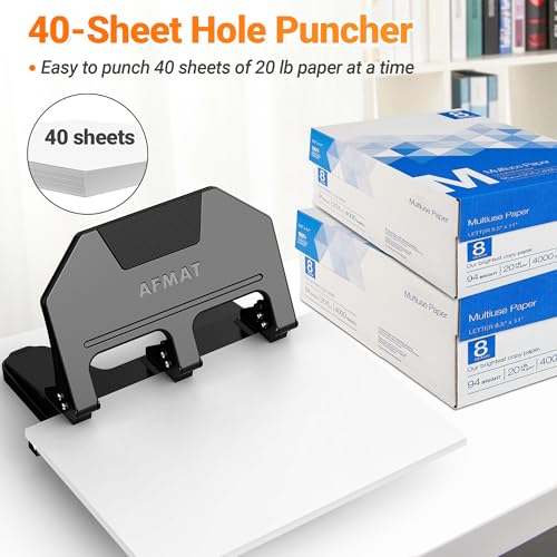 Image of AFMAT 3 Hole Punch Heavy Duty, 9 /32 inch Hole Diameter, 40-Sheet 3 Hole Puncher for Binder, 50% Reduced Effort, Metal Three Hole Punch w / 10,000+ Uses, Bulit-in S.S. Paper Guide, Large Chip Tray, HPX3