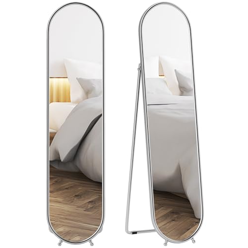 HOMCOM Specchio da Terra Ovale Moderno, 40x160 cm Specchio Autoportante a Figura Intera Antiscoppio con Cornice in Metallo e Supporto, per Camera da Letto, Soggiorno e Ingresso, Argento