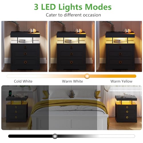 Image of HNEBC Night Stand Set 2 with Gun Drawers, Farmhouse Nightstand with Charging Station, Smart End Table with 3 Colors Auto Lights, Bedside tabel with Hidden Compartment,Bedroom Set (2-Black)