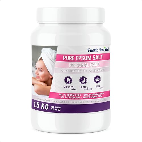 Puerto Verde • Sal de Epsom Pura 1,5 Kg. Fuente Concentrada de Magnesio. Sal de Baño y Cuidado Personal. Sales Epsom de Rápida Disolución para Relajación Muscular y Buen Sueño. Producción Española.
