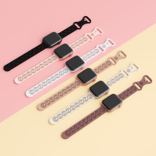 Image of 6 Pack Slim Thin Lace Hollow-out Silicone Bands Compatible with Apple Watch 38mm 40mm 41mm 42mm 44mm 45mm 46mm 49mm Women, Breathable Sport Strap for iWatch Series 11 /10 /9 /8 /7 /6 /5 /4 /3 /2 /1 Ultra SE