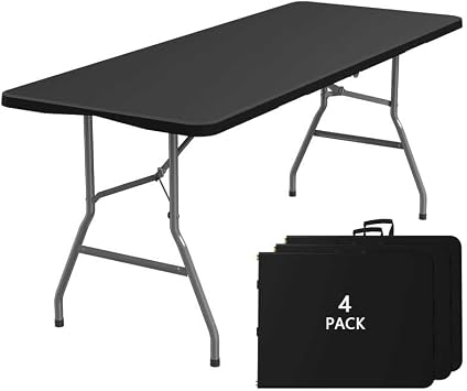 4 Pack Foldable Table 6ft, Plastic Folding Table, Portable Heavy Duty Dining Table with Lock Function & Carrying Handle, Outdoor Indoor Foldable Black Table for Camping Party Picnic