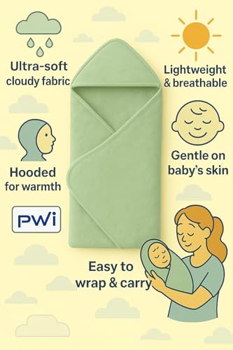 Image of PWI Ultra Soft Baby Wrapper for 0-6 Months | Hooded Blanket | Lightweight & Breathable | Super Cozy Cloudy Fabric | 30x30 Inch (Sage Green)