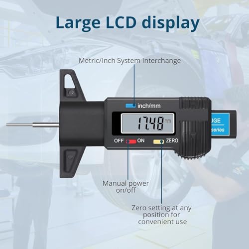 Image of Digital Digital Tyre Tread Depth Gauge 0-25mm LCD Display 0.01mm Accuracy Tyre Wear Measuring Tool mm /Inch Conversion Stainless Steel Probe for Car Bike Truck