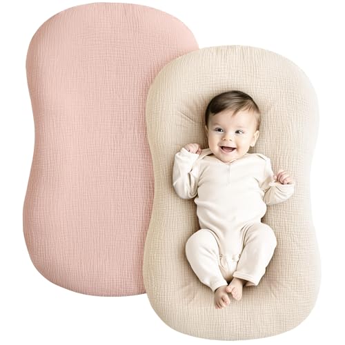 Image of Konssy Muslin Baby Lounger Cover 2 Pack, 100% Cotton Newborn Lounger Cover, Soft and Breathable Baby Nest Slipcover for Boys Girls (Pink,Wheat)