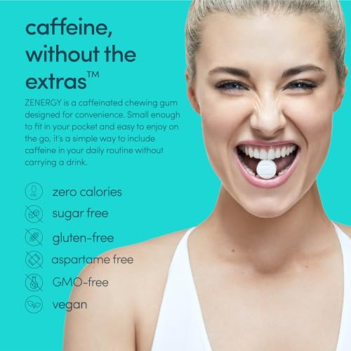 Image of ZENERGY Energy Gum - Mint Flavor | 50mg Caffeine + 35% B6 and 45% B12 Vitamin | Vegan, 0 Sugar, 0 Calories, 0 Gluten, 0 Aspartame, Non-GMO, Instant Action | 9 Pack : 24 Count
