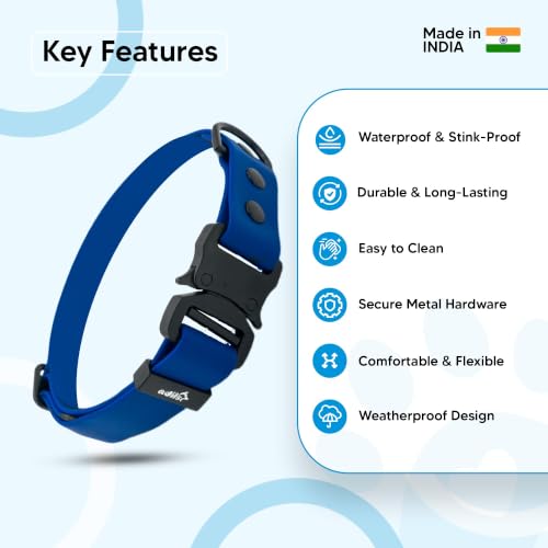 Image of Adil's Biothane Waterproof Dog Collar, Dog Leash & Collar Leash Combo | Heavy Duty TPU Coated Webbing | Adjustable Quick Release Buckle | Odour Resistant (Blue, M-18, Collar only)