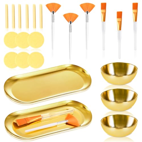 22 PCS Esthetician Facial Supplies Set 3 Stainless Steel Gold Face Mask Bowl 3 Facial Fan Brush 3 Face Mask Applicator Brush Flat Gold Small Skincare Tray 12 Compressed Face Sponges for Salon Spas