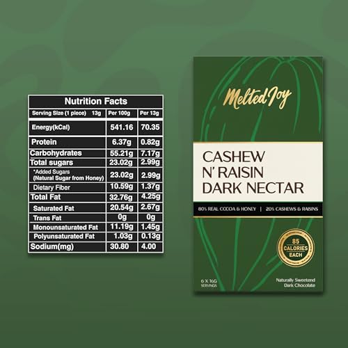 Image of Melted Joy Cashew & Raisin 50% Dark Chocolate Squares |Honey-Sweetened Dark Chocolates| Portion-Controlled 85 Cal | No Refined Sugar | Pack of 6