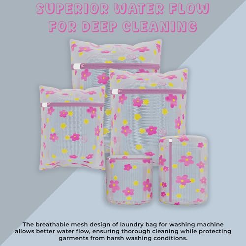 Image of Kuber Industries Pack of 5 Polyester Mesh Laundry Bag with Zip | Reusable Washing Bags for Washing Machine | Ideal for Lingerie, Delicate Fabrics & Shoe Protection | YZ-1-4 | Sunflower Design - Pink