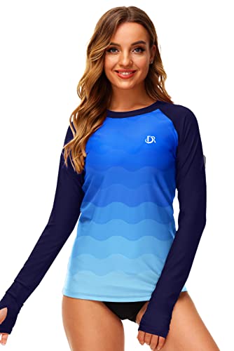Womens Gradient Rash Guards Sun Protection Spf Long Sleeve Surfing Swim Shirts Navy Blue M #TOP2