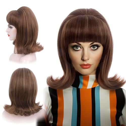 REEWES Brown 60s Retro Beehive Wigs for Women 70s Classic Style Cosplay Wig With Bang for Party Halloween Use,Costume