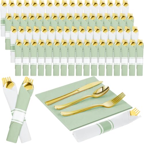 Lasnten 30 Set Halloween Pre Rolled Silverware, Green White, 100 Pcs