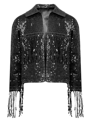 Linjinx Kids Girls Sparkly Sequins Tassel Jacket Long Sleeve Open Front Dance Coat Birthday Party Performance Outwear3