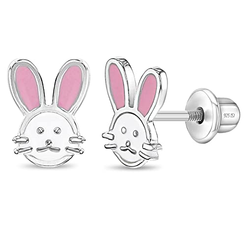 925 Sterling Silver Pink & White Enamel Bunny Screw Back Earrings, Bunny Rabbit Earrings for Young Girls & Preteens- Animal Enamel Studs for Children's Daily Wear, Rabbit