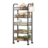 Fairnull Fruit Vegetable Storage Basket Rack, 5 Tier Stackable Metal Mesh Storage Basket with 360 Degree Wheels Kitchen Storage Cart Basket Shelving Organizer for Kitchen, Pantry, Bathroom Black 5-La