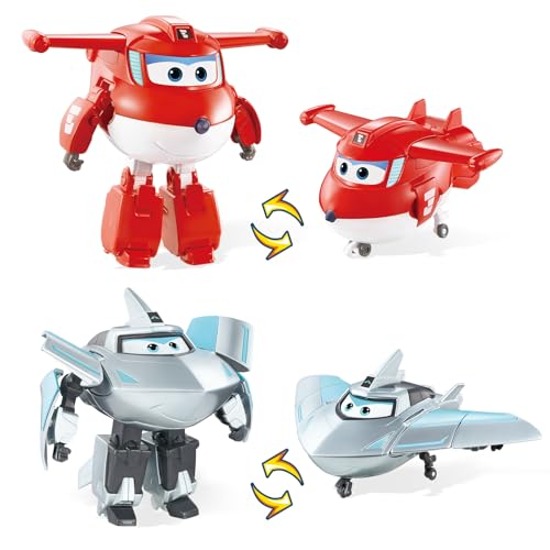 Super Wings Transformable Toys Playset, 5 in Jett and Traver Airplane Transforming Figures Toys Set, 2 in 1 Mode Rescue Bots Toy for 3-5 Year Old Boys Girls, Plane Toy for Toddlers Kids Age 3 4 5 6