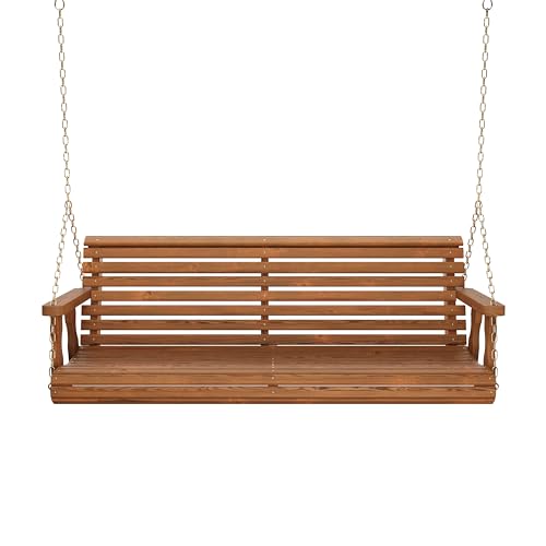 Image of Amish Casual Heavy Duty 700 Lb Capacity Porch Swing (5 Foot, Oak Stain) - Wooden Outdoor Roll Back Swing with Hanging Chains - Amish Made in the USA