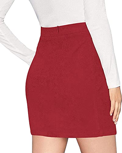 Image of MANGOPOP Women's Basic Faux Suede High Waist A-line Mini Pencil Bodycon Skirt (A03 Red, X-Large)