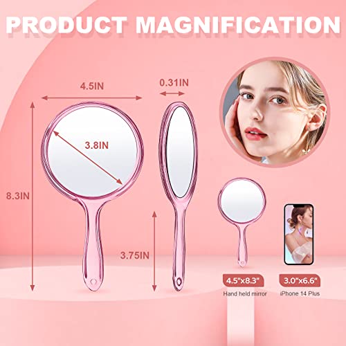 D Hand Mirror With Handle, Handheld Mirror Small Magnifying Mirror 1X 2X Doule Sided Handle Makeup Mirror, Acrylic Handheld Mirror Rounded Shape, Pink #TOP1