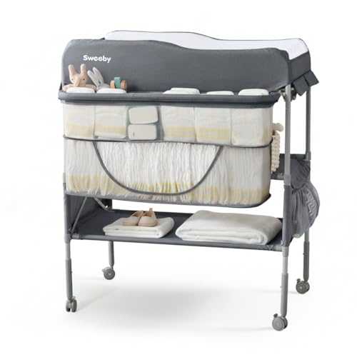 Image of Sweeby Portable Baby Changing Table, Foldable Changing Table Dresser Changing Station for Infant, Waterproof Diaper Changing Table Pad Topper, Mobile Nursery Organizer for Newborn Essentials, Deepgrey