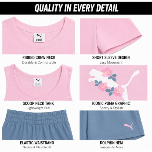 Image of PUMA Girls Active Shorts Set - 3 Piece Performance T-Shirt, Tank Top, Gym Shorts - Summer Athletic Outfit for Girls (7-14)