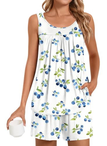 Image of POPYOUNG Pajama Set for Women Summer 2 Piece Lounge Shorts Sets Sleepwear | Womens Pajama Sets Cooling pijamas de mujer for Summer with Pockets Sleeveless Nightwear Outfits Pjs Shorts Set