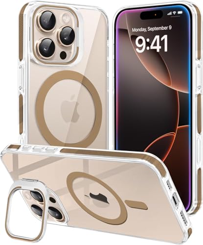 Image of VONZEE Classic Series iPhone 16 Pro Case Compatible with MagSafe Built-in Camera Stand Phone Cover Transparent Military-Grade Protective Drop Protection Non Yellowing Hard PC +TPU, Desert Titanium