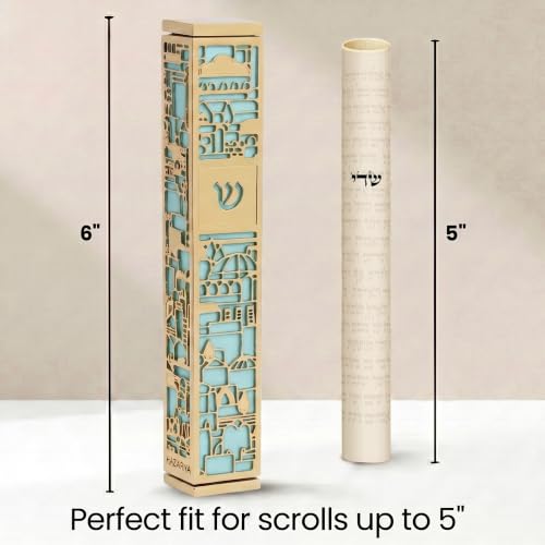 Image of SURI Mezuzah for Door with Scroll, 6 Inch Gold and Blue Mezuzah Case with Non Kosher Scroll Inside, Fits a 5 Inch Scroll, Includes Adhesive and Gift Box