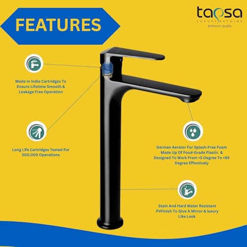 Image of Tapsa Italian Series Black PVD Coated Tall Pillar Cock Tap /Basin Tap with Long Spout & 12 Inch Tall Body Tall Boy Extended Pillar Tap Faucet