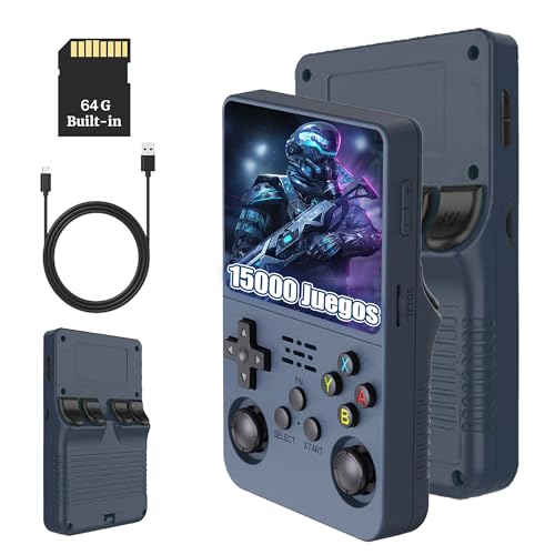 R36S Consola de Juegos Retro 64GB, Consola de Juegos Emuladora Portátil con 15000+ Juegos, Pantalla IPS de 3,5 Pulgadas, Sistema Linux, Soporta Muchos Emuladores, Joysticks 3D (Gris)