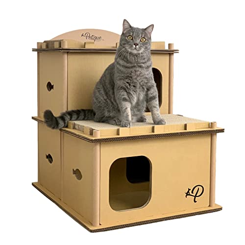 PETIQUE Mehrstufige Katzenvilla aus Karton, für drinnen und draußen, Katzenkratzbaum aus Karton, Moderne Katzenmöbel, planetenfreundlicher Katzenspielplatz, ideal für Katzen, kleine Hunde und mehr Cover