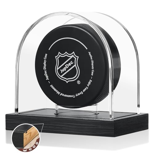 Image of Hockey Puck and Collectibles Display Case, Premium Acrylic Clear Box Puck Holder with Mahogany Wood Base, Showcase for Autographed Souvenir Memorabilia, Collectible Figure Stand, Black
