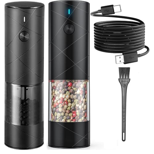 AIDIRui Juego de 2 molinillos de pimienta eléctrico USB recargable negro con luz LED blanca cálida, capacidad ajustable grande