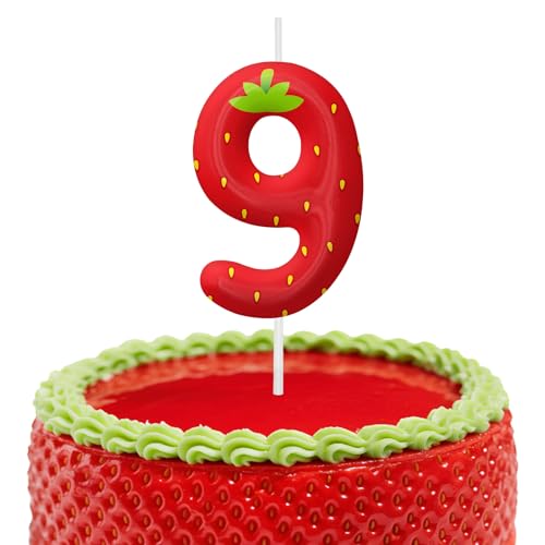 Strawberry Birthday Candles, 2.4 inch Cake Topper Decor, Number 9 Candles Birthday Decorations, Anniversary Party Cake Decorations Party Supplies