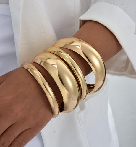 Image of Chunky Gold Bangle Bracelets for Women, Dainty 14k Gold Plated Big Stackable Bangles Set, Trendy Statement Cuff Bracelet Stack Fashion Jewelry Gifts