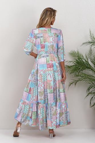 Image of Women Short Sleeve V Neck Floral Print Casual Bohemian Maxi Dresses