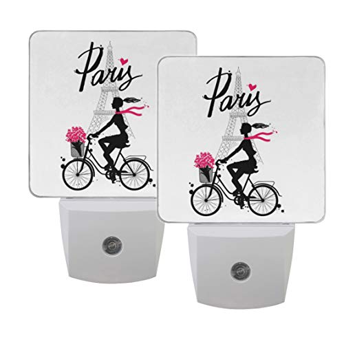 Naanle Set Of 2 Paris Eiffel Tower Love Heart Fashion Girl Bicycle Silhouette Valentines Day Auto Sensor Led Dusk To Dawn Night Light Plug In Indoor For Adults #TOP10