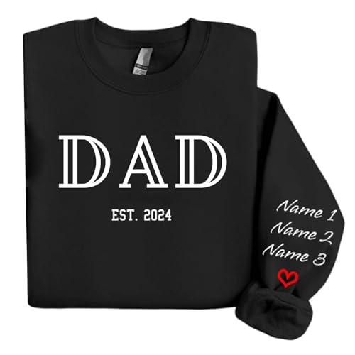 Personalized Custom Grandpa Dad Sweatshirt for Men with Kids Name on Sleeve, Gifts for New Dad Daddy Grandpa Father's Day Black