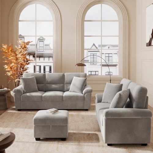 Image of Anderson Sofa Set for Living Room | Sectional Sofas | Premium Leather Sofa for Home Office | Leather Sofa Set | Leatherette Sofa (Light Grey Fabric, 3+2 Seater with Ottoman)