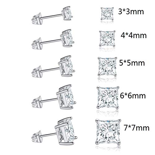 5 Pairs 18K White Gold Plated Princess Cut Clear Cubic Zirconia Stud Earring Pack #TOP5